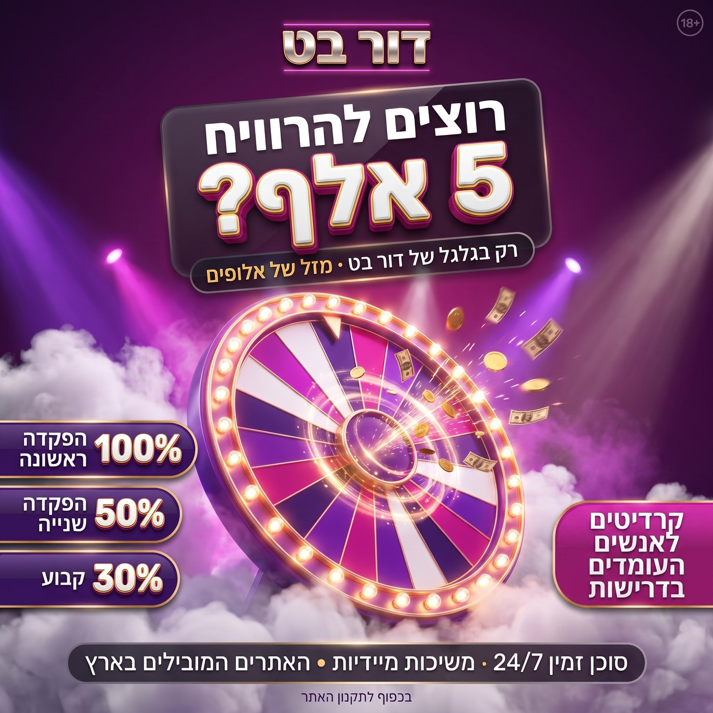 גרפיקת קמפיין לאתר בטים — גלגל מזל, פלטת סגול וזהב