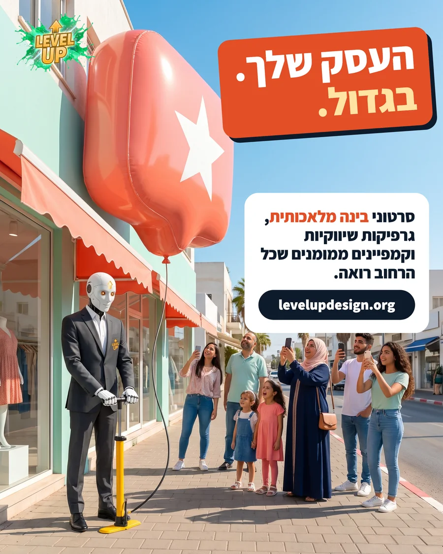 מודעת פרסום של לבל אפ: הרובוט של לבל אפ מנפח שלט ענק מעל חנות ואנשים ברחוב מצלמים, עם הכותרת העסק שלך בגדול