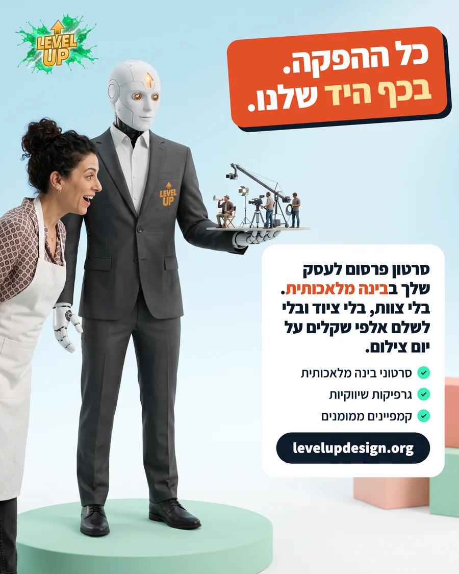 מודעת פרסום של לבל אפ: הרובוט של לבל אפ מחזיק סט צילום זעיר על כף היד ובעלת עסק מתלהבת, עם הכותרת כל ההפקה בכף היד שלנו