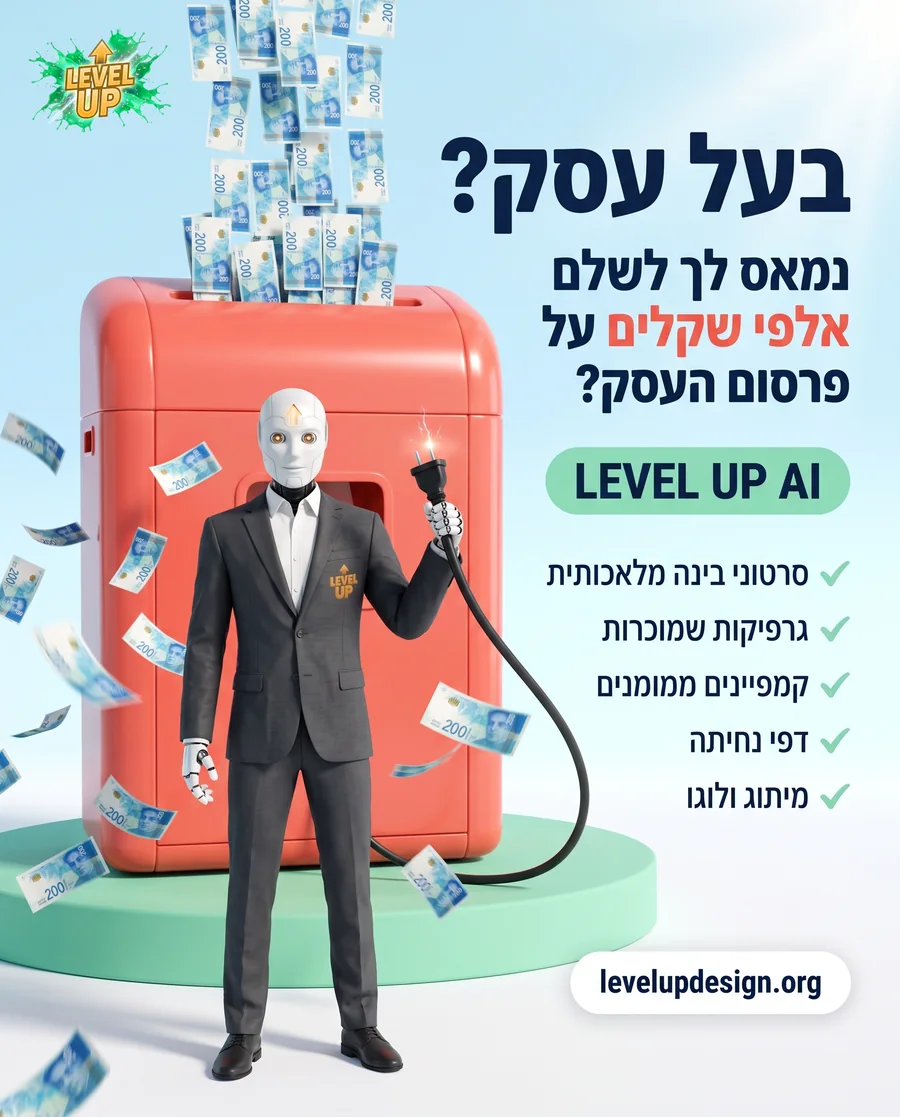 מודעת פרסום של לבל אפ: מגרסה ענקית בולעת שטרות, והרובוט של לבל אפ שולף את התקע, עם הכותרת בעל עסק? נמאס לך לשלם אלפי שקלים על פרסום העסק